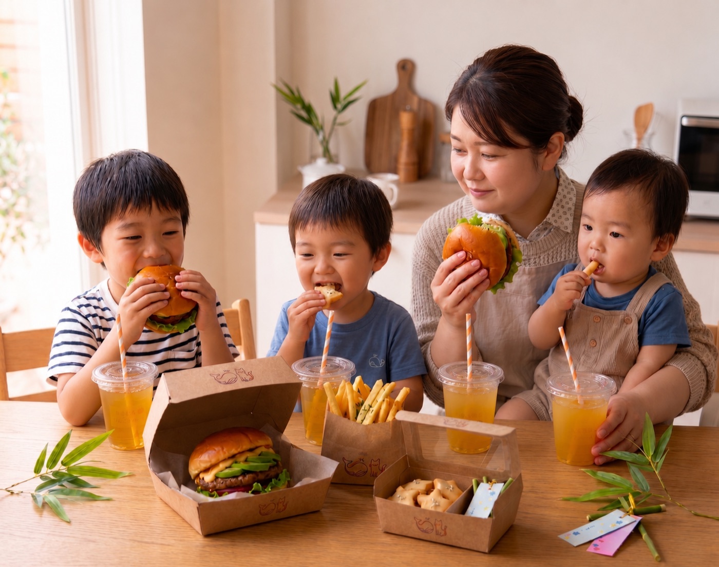 ハンバーガーを笑顔でほおばる家族